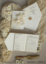 WEDDING INVITATIONS whimsical boho invites Folder Ivory Gold Wedding Invitation with chiffon torn bow and natural dried flowers , Golden Elegant Roses Floral Wedding Invitation with golden mirror heart20
