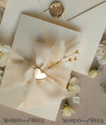 WEDDING INVITATIONS whimsical boho invites Folder Ivory Gold Wedding Invitation with chiffon torn bow and natural dried flowers , Golden Elegant Roses Floral Wedding Invitation with golden mirror heart20