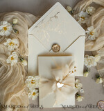 WEDDING INVITATIONS whimsical boho invites Folder Ivory Gold Wedding Invitation with chiffon torn bow and natural dried flowers , Golden Elegant Roses Floral Wedding Invitation with golden mirror heart20