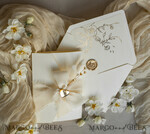WEDDING INVITATIONS whimsical boho invites Folder Ivory Gold Wedding Invitation with chiffon torn bow and natural dried flowers , Golden Elegant Roses Floral Wedding Invitation with golden mirror heart20
