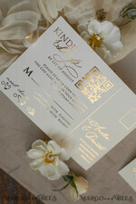 WEDDING INVITATIONS whimsical boho invites Folder Ivory Gold Wedding Invitation with chiffon torn bow and natural dried flowers , Golden Elegant Roses Floral Wedding Invitation with golden mirror heart20