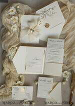 WEDDING INVITATIONS whimsical boho invites Folder Ivory Gold Wedding Invitation with chiffon torn bow and natural dried flowers , Golden Elegant Roses Floral Wedding Invitation with golden mirror heart20