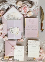 WEDDING INVITATIONS whimsical boho invites Vintage Floral Crest Monogram Blush Wedding Invitation with chiffon torn bow,  French Provence Garden Elegant Floral Wedding Invitation suite Deckled Torn edges , Elegant Toile de Jouy & Baroque Invitation set 26