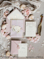 WEDDING INVITATIONS whimsical boho invites Vintage Floral Crest Monogram Blush Wedding Invitation with chiffon torn bow,  French Provence Garden Elegant Floral Wedding Invitation suite Deckled Torn edges , Elegant Toile de Jouy & Baroque Invitation set 26