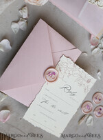WEDDING INVITATIONS whimsical boho invites Vintage Floral Crest Monogram Blush Wedding Invitation with chiffon torn bow,  French Provence Garden Elegant Floral Wedding Invitation suite Deckled Torn edges , Elegant Toile de Jouy & Baroque Invitation set 26