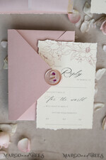 WEDDING INVITATIONS whimsical boho invites Vintage Floral Crest Monogram Blush Wedding Invitation with chiffon torn bow,  French Provence Garden Elegant Floral Wedding Invitation suite Deckled Torn edges , Elegant Toile de Jouy & Baroque Invitation set 26
