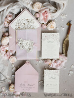 WEDDING INVITATIONS whimsical boho invites Vintage Floral Crest Monogram Blush Wedding Invitation with chiffon torn bow,  French Provence Garden Elegant Floral Wedding Invitation suite Deckled Torn edges , Elegant Toile de Jouy & Baroque Invitation set 26