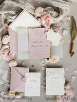WEDDING INVITATIONS whimsical boho invites Vintage Floral Crest Monogram Blush Wedding Invitation with chiffon torn bow,  French Provence Garden Elegant Floral Wedding Invitation suite Deckled Torn edges , Elegant Toile de Jouy & Baroque Invitation set 26