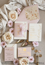 WEDDING INVITATIONS whimsical boho invites Whimsical Blush Gold Wedding Invitation with chiffon bow, Garden Elegant Floral Wedding Invitation23