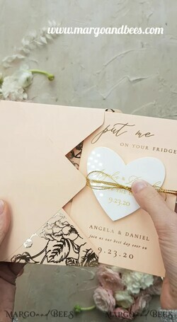 SAVE THE DATES acrylic gold magnets Save the date custom wording, plexi heart shaped engraved magnet3