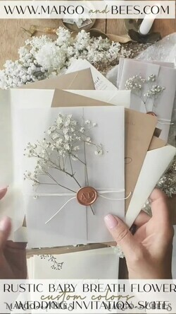 HOCHZEITS EINLADUNGEN rustikal / Landhausstil / Shabby Chic Rustikale Hochzeitskarten UK Echte Gypsophila Pergamentumwicklung mit Wachssiegel Baby Atem Blumen auf handgemachter Umschlag11