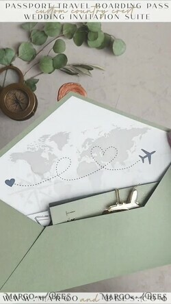 WEDDING INVITATIONS passport to love/ beach wedding invites  Sage Green Tusacny Passport Wedding Invitation, Gold Greece Wedding Cards Boarding Pass, Passport Wedding Invitations  Abroad, Greenery Destination Wedding Invites, Travel Map Wedding Stationary11