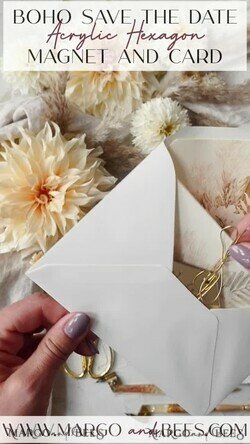 SAVE THE DATES acrylic gold magnets Personalised Gold Acrylic hexagon Save the Date Magnet and Card, ivory Wedding Save The Dates Plexi Magnets, Wedding Boho Save The Date Cards6