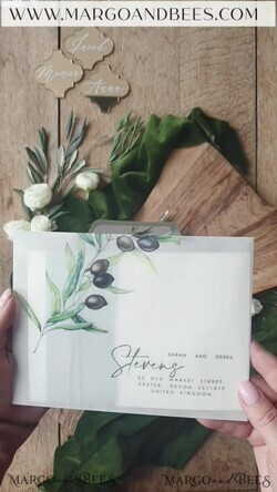 HOCHZEITS EINLADUNGEN Moderne Einladungen Florale Karten Handgemachte Hochzeits Einladung, Oliven Toskana Hochzeits Einladungen, Griechische Reise Hochzeits Stationery, Natürliche Oliven Luxus Hochzeits Einladungen13