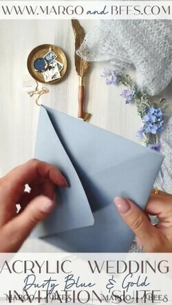 WEDDING INVITATIONS gold / rose gold / silver / glitter Bespoke Acrylic Ice blue wedding invitation, Glamour dusty blue Wedding Invitations, Modern Golden Plexi Wedding Invitation Suite,Boho Glam Wedding Cards wax seal 22