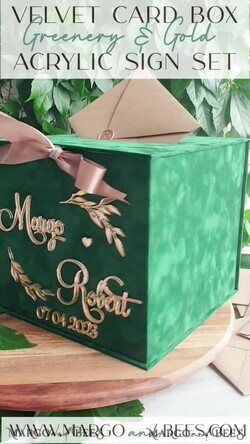CARD BOXES velvet card boxes Gift Card Box & arch Sign Set , Velvet green wedding wishing well money gift card box, Personalized Wedding Card Box, Greenery Luxury22