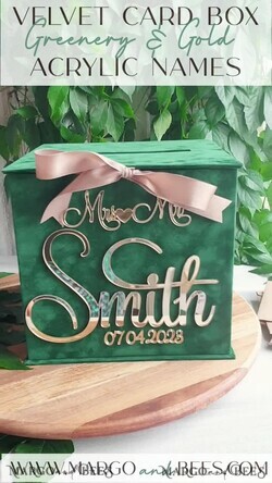 CARD BOXES velvet card boxes Gift Card Box, Velvet Green wedding wishing well money gift card box, Personalized Wedding Card Box, Luxury Greenery Card Box, Wedding Green and Gold Card Box with Lid, Wedding Money Box, Emerald Green Wedding Card Box10