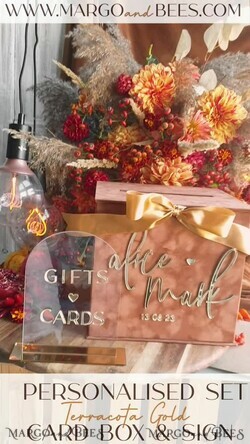 CARD BOXES velvet card boxes Terracotta Fall Card Box and Arch Acrylic Cards & Gifts Clear Sign, Velvet Rust Wedding Card Box with Lid, Burnt Orange Wedding Money Box,  Copper Wedding Card Box cards and gift Arch acrylic sign set18