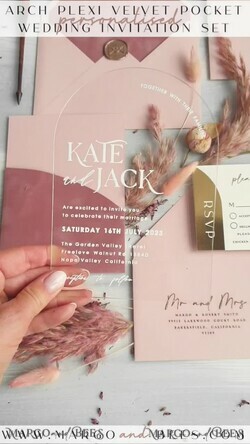 WEDDING INVITATIONS gold / rose gold / silver / glitter Arch Gold Acrylic wedding invitation suite, Velvet Pocket  Blush Pink Wedding Invites, Boho Wedding Invitations12