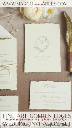 HOCHZEITS EINLADUNGEN moderne Kalligraphie / feine Kunst Feine Kunst Elfenbein Gold Hochzeitseinladung, Florale Hochzeitseinladung, Toskana Italien Einladungskollektion, Kranz Monogramm Hochzeitseinladungskollektion, Deckled Edge Einladungen, Zerrissene Kante Hochzeitseinladungen golden, Feine Kunst Hochzeitseinladungskollektion, Deckled Edge Papier.15