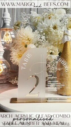 TABLE DECOR SIGNS Acrylic table decor Numbers Acrylic Arch Table Number and menu Combo, Clear and Frozen Acrylic gold Sign, Gold Plexi Table Number and Menu Combo Luxury Wedding Table Decor, Wedding Signage21