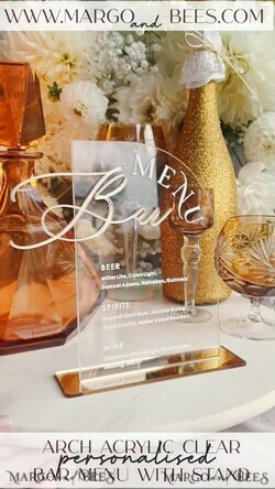 TABLE DECOR SIGNS Acrylic table decor Numbers Acrylic Arched Bar Menu, Clear Acrylic and gold Sign, Gold Plexi 3D Letters, Clear Acryl Signs, Luxury Wedding Table Decor, Wedding Signage Gold Drink Bar Menu 14
