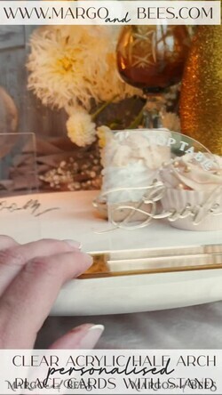 PLACE CARDS / TABLE CARDS Acrylic Gold Clear / Wood 3D Modern half arch Acrylic Place card with stand, Wedding seat Cards, Transparent Acryl Name Card, Luxury seating card with white and gold wording, Editable Text11