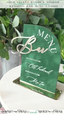 TABLE DECOR SIGNS Velvet table Numbers and Decor Green Velvet Arch Bar Menu , green Velvet and gold Sign, Gold Plexi card box sign, Luxury Wedding Table Decor, Wedding Signage Golden mirror cards sign4