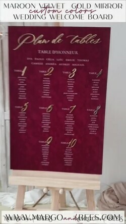 TABLE PLANS AND WEDDING WELCOME SIGNS plexi gold / velvet Burgundy Wedding Table Plan, Maroon velvet and Gold Modern Seating Chart, 3d Elegant Find Your Seat Seating Plan , Luxury Wedding Table Plan, Wedding Decoration with golden letters Marsala Golden Reception Signage Red Custom Ceremony Sign24