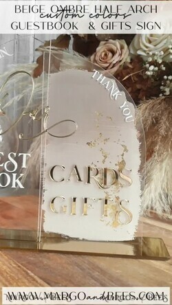 TABLE DECOR SIGNS Guestbook & Cards Gifts Signs Acrylic Arch cards & guestbook sign Combo , Clear Beige Ombre Acrylic & gold Sign, Gold Plexi card box and sign our guestbook sign, Luxury Wedding Nude Table Decor, Wedding Taupe Signage Golden mirror cards  guestbooksign13