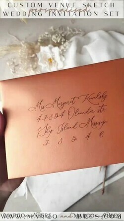 HOCHZEITS EINLADUNGEN moderne Kalligraphie / feine Kunst Feine Kunst Elfenbein Kupfer Hochzeitseinladung, Veranstaltungs-Skizze Hochzeitseinladungen, Vintage Goldene Einladungsserie, Individuelle Hochzeit Veranstaltungs-Einladung, Geziertem Rand Terrakotta Einladungen mit RSVP4