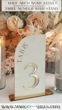 TISCHDEKORATIONSCHILDER   Samt Tischnummern und Dekoration Acryl-Halb-Bogen Samt Elfenbein Hochzeits-Tischnummern, Ecru Gold Schild, Gold Plexi Tischnummern, Luxus Beige Hochzeits Tischdekoration, Hochzeitsbeschilderung Goldener Spiegel Tischnummern14