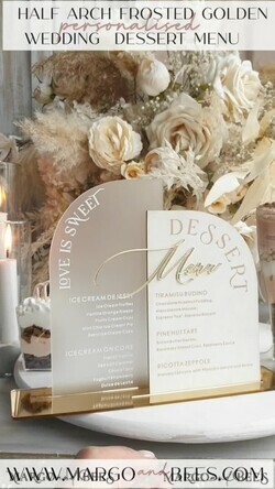 TISCHDEKORATIONSCHILDER   Samt Tischnummern und Dekoration Acrylbogen Dessertmenü, Elfenbein gefrorenes Acryl Gold Candy Bar Schild, Gold Plexi Tisch Dessertmenü Kombi Luxus Hochzeits Tisch Dekor, Hochzeitsbeschilderung Gold.20