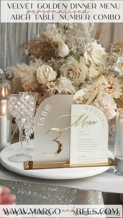 TISCHDEKORATIONSCHILDER   Samt Tischnummern und Dekoration Acrylbogen Tischnummer & Dinner-Menü-Kombination, gefrorenes Elfenbein-Acryl-Gold-Schild, goldene gefrostete Plexi-Velours-Tischnummern & Menü-Kombination, luxuriöse Hochzeits-Tischdekoration, Hochzeitsbeschilderung goldene Spiegeltischnummern & Menü24
