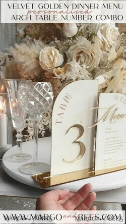 TISCHDEKORATIONSCHILDER   Samt Tischnummern und Dekoration Acrylbogen Tischnummer & Dinner-Menü-Kombination, Samt-Elfenbein Acrylgold-Schild, Gold-Elfenbein Plexi-Samt Tischnummern & Menü-Kombination Luxus Hochzeits Tischdekoration, Hochzeitsbeschilderung Goldene Spiegel Tischnummern & Menü22