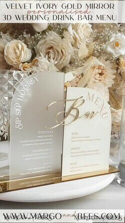 TISCHDEKORATIONSCHILDER   Samt Tischnummern und Dekoration Acrylbogen-Bar-Menü-Kombination, Frosted Plexiglas Gold-Ivory-Velours-Getränke-Bar-Menü-Schild mit Ständer, Beige Plexi-Tisch-Bar-Menü-Kombination Luxus-Hochzeits-Tischdeko, Hochzeitsschild Ecru Getränke-Bar-Menü11