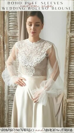 BRIDE bolero, robes, garter LACE WEDDING BOLERO Ivory Lace Wedding bolero puff sleeve, Shrug Women Wedding, Bridal Backless Coverup, Ivory Blouse for Bride, Bridal Lace Blouse, dress capalet12