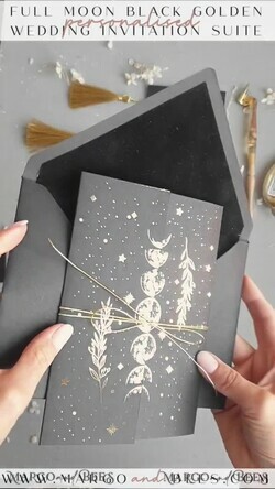WEDDING INVITATIONS gold / rose gold / silver / glitter Halloween Moon phases Wedding Invitations Suite, Black Invitations, Spooky Halloween Invites, Gothic Wedding Invitation Cards, Skeleton Wedding Set black and gold31