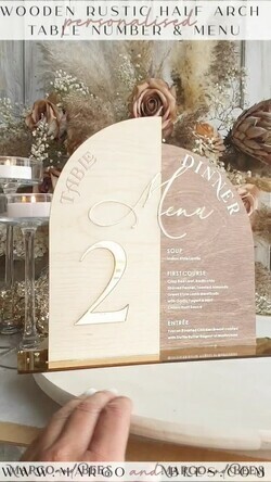 TABLE DECOR SIGNS Wood Eco Rustic Table numbers Rustic Wooden Arch Table Number & dinner menu Combo, Wood & Acrylic gold Sign, Gold Barn Plexi Table Numbers & Menu Combo Rustic Boho Wedding Table Decor, Wedding Signage Golden mirror table numbers & Menu16