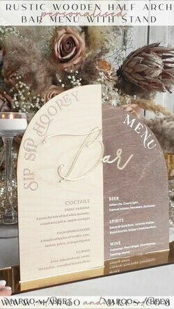 TABLE DECOR SIGNS Wood Eco Rustic Table numbers Rustic Wooden Arch Bar Menu Combo, Wood & Plexi Glass gold Drink Bar Menu Sign with Stand, Wooden Country Barn Wooden Table Bar Menu & Coctails Combo Rustical Wedding Table Decor, Wedding Signage Eco drink Bar Menu 14