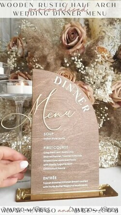 TABLE DECOR SIGNS Wood Eco Rustic Table numbers Rustic Wooden half Arch Dinner menu, Wood & Acrylic gold Table Sign, Gold Barn Plexi Wedding Menu Combo Rustic Boho Wedding Table Decor, Wedding Signage Golden mirror table Menus9