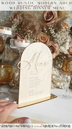TABLE DECOR SIGNS Wood Eco Rustic Table numbers Rustic Wooden Arch Dinner menu, Wood & Acrylic gold Table Sign, Gold Barn Plexi Wedding Menu Combo Rustic Boho Wedding Table Decor, Wedding Signage Golden mirror table Menus14