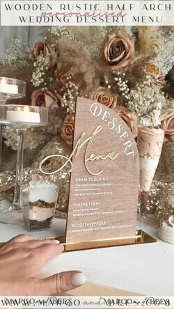 TABLE DECOR SIGNS Wood Eco Rustic Table numbers Rustic Wooden Half Arch Dessert Menu with Stand, Country Barn Wood Acrylic gold Candy Bar Sign, Natural Wood Gold Plexi Table Dessert Menu Wedding Table Decor, Wedding Signage Golden mirror and Wooden Candy Bar Menu 10