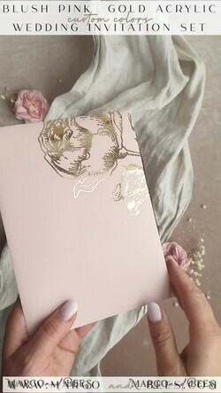 WEDDING INVITATIONS gold / rose gold / silver / glitter Bespoke Acrylic blush Pink gold wedding invitation, Glamour  golden nude Wedding Invitations with envelopes, Modern Golden Plexi Wedding Invitation Suite with rsvp ,Boho Glam Wedding Cards wax seal 19