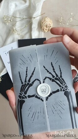 WEDDING INVITATIONS Elegant Invites Classic Cards Black Halloween wedding invitation set, Gloss Black Acrylic Invites, Goth Wedding Stationery, skeleton lovers black plexi wedding invitations set21