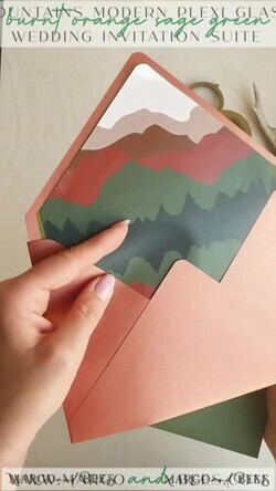 HOCHZEITS EINLADUNGEN Wald / Berge / Waldlandschaft Thema Bergmodernes Bogen-Acryl-Hochzeitseinladung-Set, moderne Arizona-Hochzeitseinladungen, klare Plexiglassuite-Hochzeitskarten, terrakotta Hochzeitseinladungen, Hochzeits-Einladungsset mit Bergen, salbeigrüne Hochzeitseinladung aus Plexiglas.18