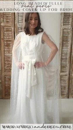 BRIDE bolero, robes, garter WEDDING BOLERO & SHRUGS Wedding Cape Pearls, Wedding Mesh Shrug, Bridal Beaded Tulle wedding Coverup,  Wedding Dress Topper with pearls,  Bridal Capelet mesh11
