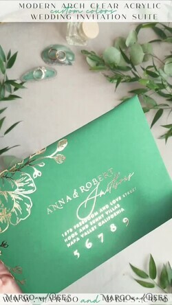 WEDDING INVITATIONS gold / rose gold / silver / glitter Arch Gold Acrylic wedding invitation suite, Velvet Pocket  Green Wedding Invites, Glamour Wedding Invitations, Greenery Wedding Set22
