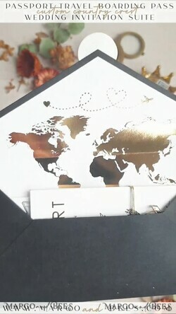 HOCHZEITS EINLADUNGEN Pass zur Liebe / Strandhochzeits-Einladungen Gold Weiß Schwarz Reisepass Hochzeitseinladung, Goldene Hochzeitskarten Boarding Pass, Reise Reisepass Hochzeitseinladungen im Ausland, Destination Hochzeitseinladungen, Reise-Karten Hochzeitspapier.11