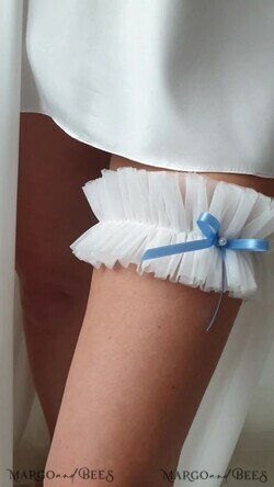 BRIDE bolero, robes, garter GARTER FOR BRIDE wedding garter set in box, something blue garter set, garter with something blue, something blue for bride, ivory garter set, gift for bride, tulle with pearls garter set6